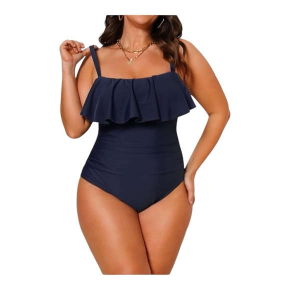 CUPSHE Navy Flowy Ruffle Trim Ruched Front Tummy Control Swimsuit Plus Size 2X - Picture 1 of 15